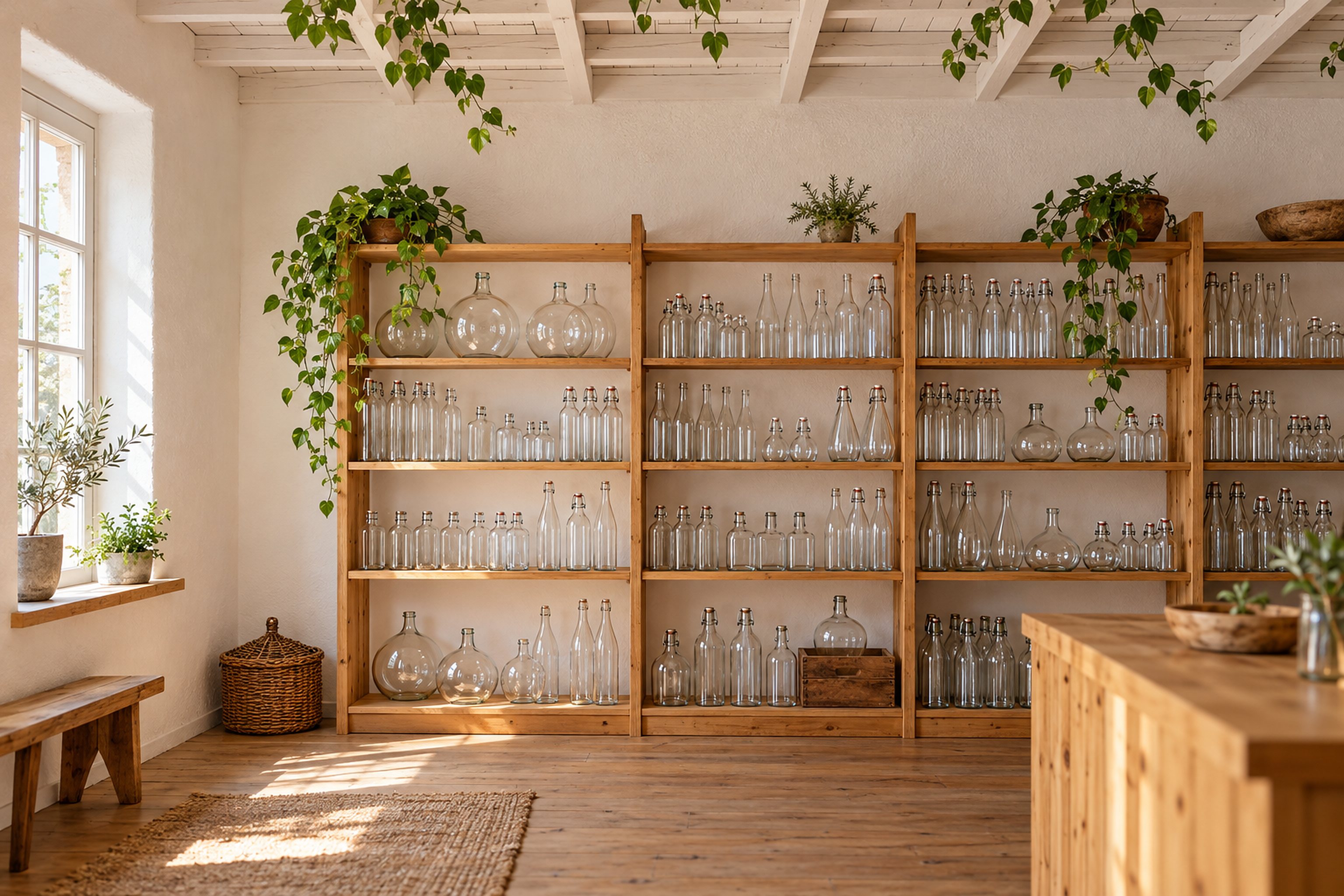 Holzregale voller leerer Glasflaschen in vielen Formen, darüber Weinlaub an der Decke (KI-Illustration)