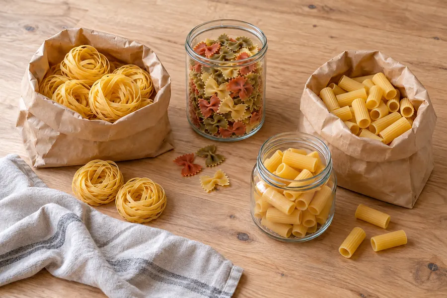 Getrocknete Pasta in Papiertüten und Gläsern (KI-Illustration)